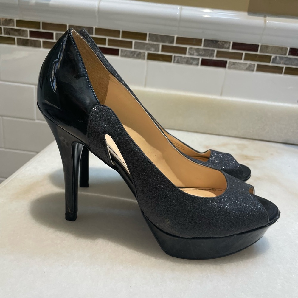 Like New! Sparkle Black Platform Peep-Toe Heels